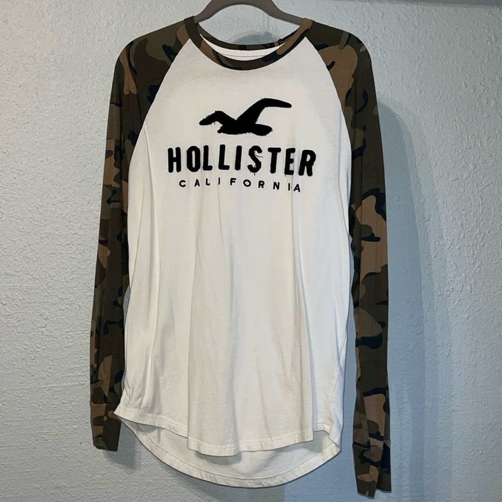 Hollister Long Sleeve Shirt | Size Medium | Camo Sleeves | White Body |